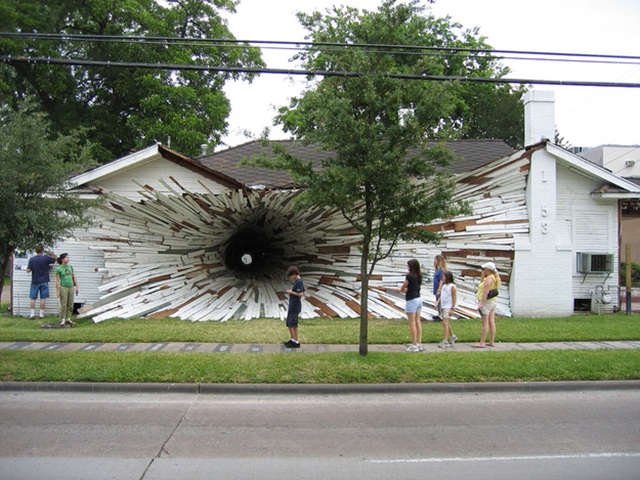 Construction art making the house look like a black hole
